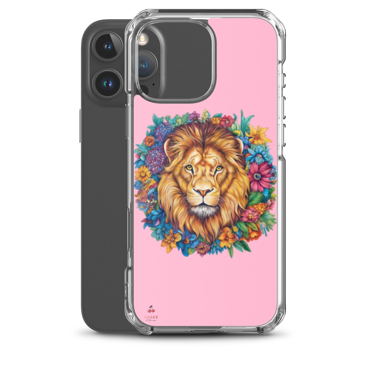 Clear iPhone® case featuring an artistic lion with a colorful floral crown on a soft pink background.