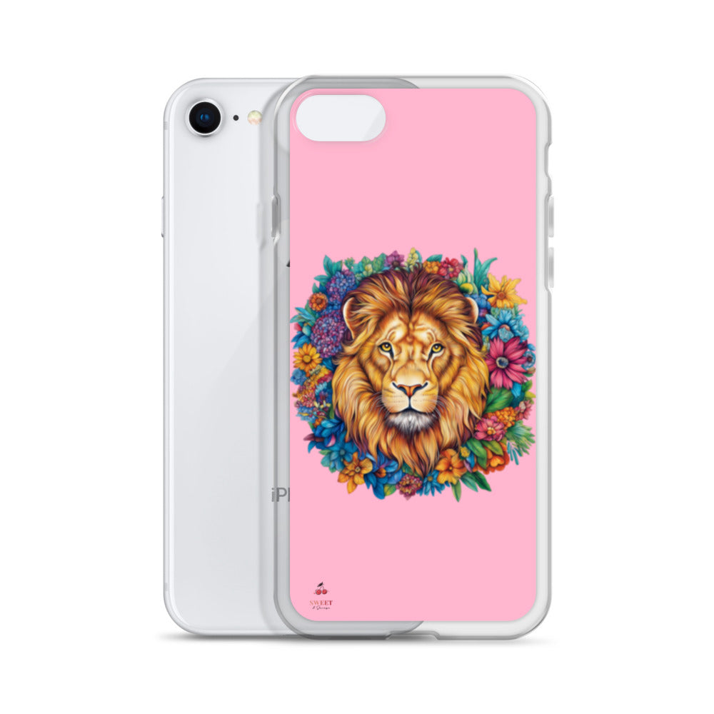 Clear iPhone® case featuring an artistic lion with a colorful floral crown on a soft pink background.