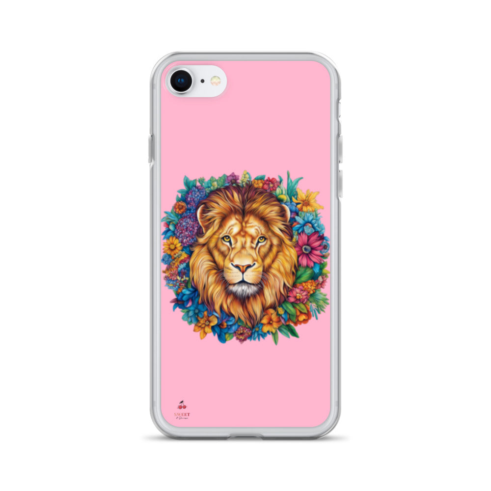 Clear iPhone® case featuring an artistic lion with a colorful floral crown on a soft pink background.