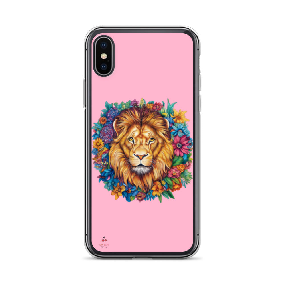 Clear iPhone® case featuring an artistic lion with a colorful floral crown on a soft pink background.
