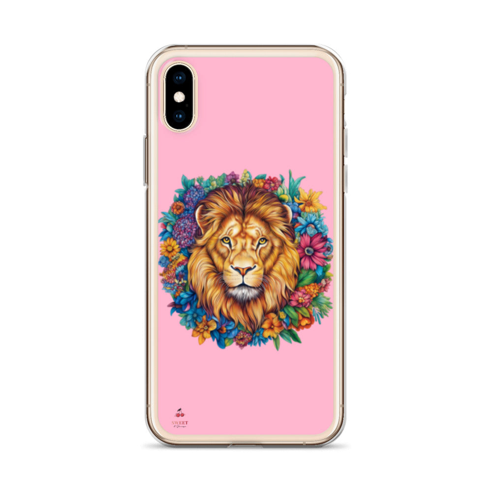 Clear iPhone® case featuring an artistic lion with a colorful floral crown on a soft pink background.