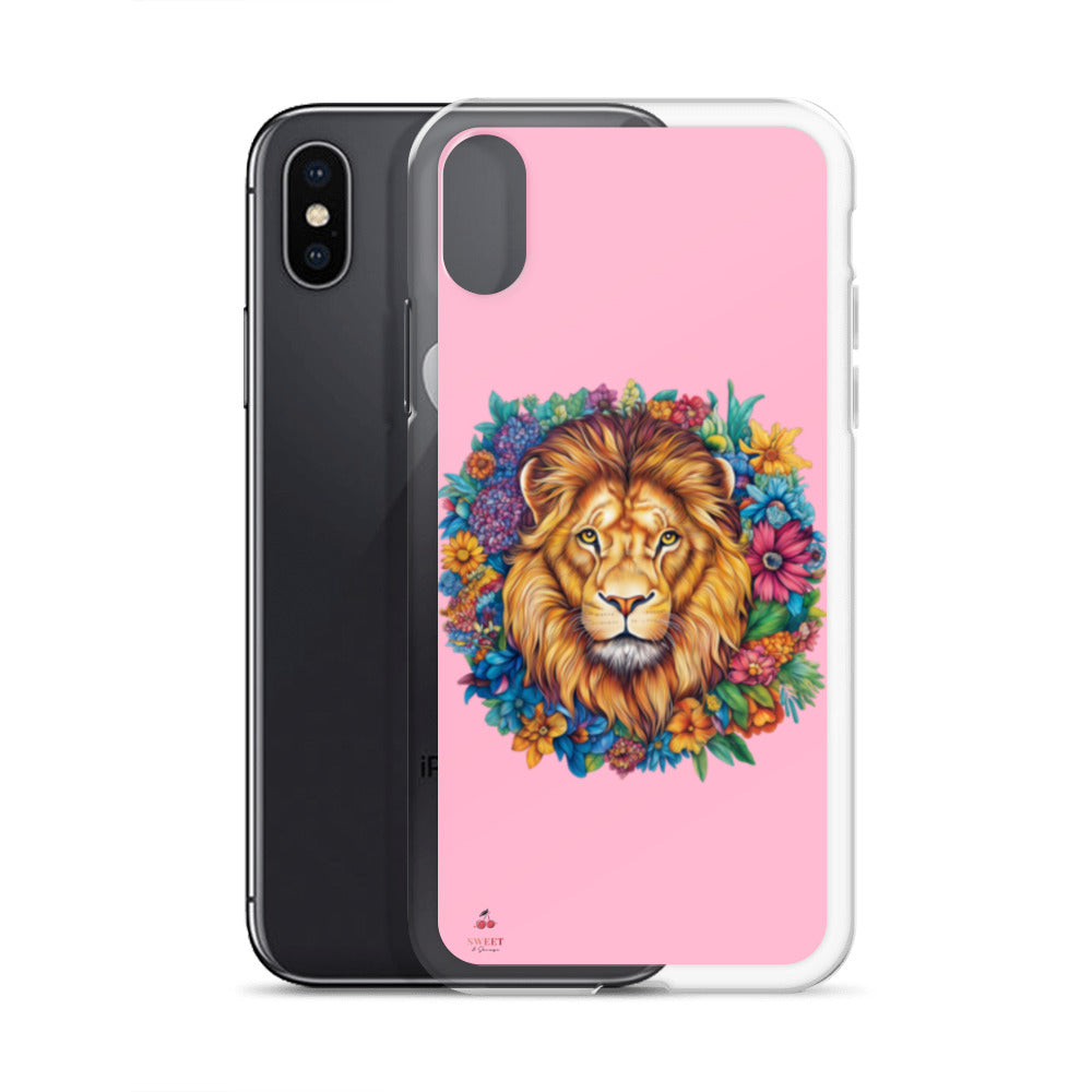 Clear iPhone® case featuring an artistic lion with a colorful floral crown on a soft pink background.