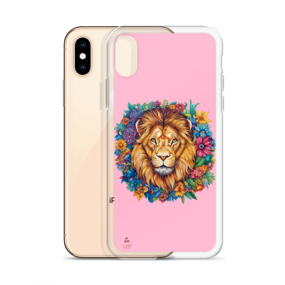 Clear iPhone® case featuring an artistic lion with a colorful floral crown on a soft pink background.