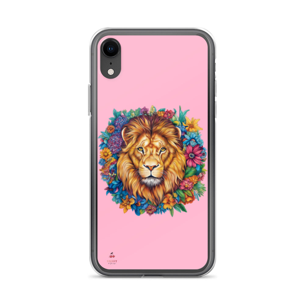 Clear iPhone® case featuring an artistic lion with a colorful floral crown on a soft pink background.