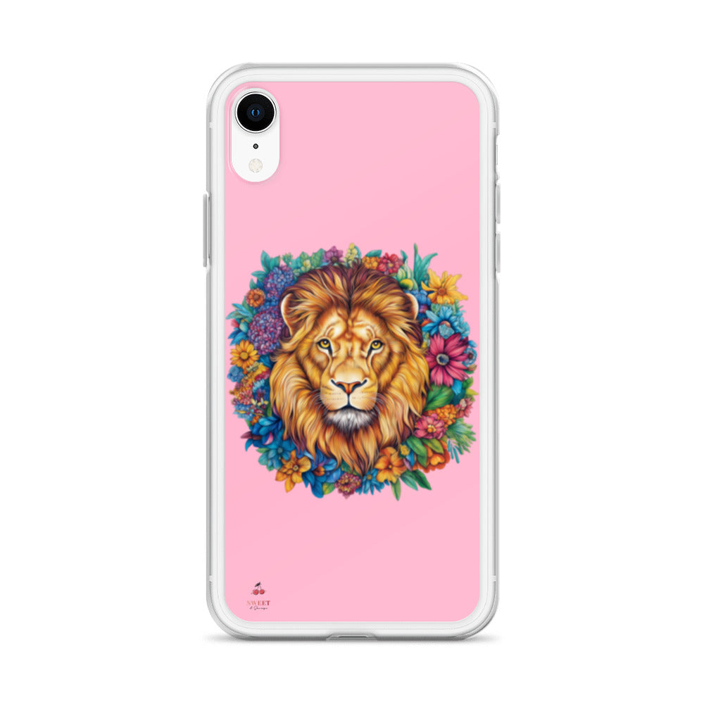 Clear iPhone® case featuring an artistic lion with a colorful floral crown on a soft pink background.