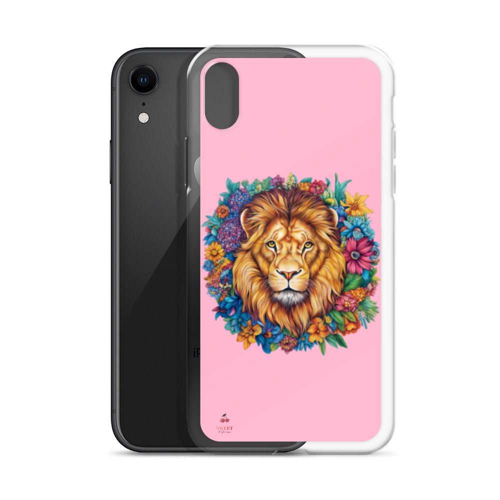 Clear iPhone® case featuring an artistic lion with a colorful floral crown on a soft pink background