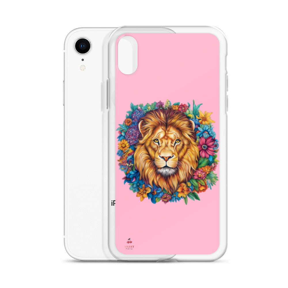 Clear iPhone® case featuring an artistic lion with a colorful floral crown on a soft pink background.