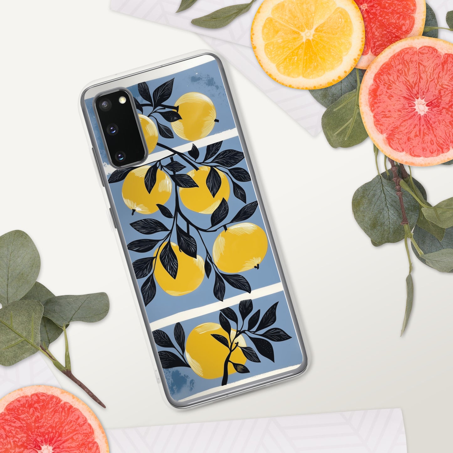 Samsung phone case with yellow apples design on a blue background by Sweert and Savage. 
