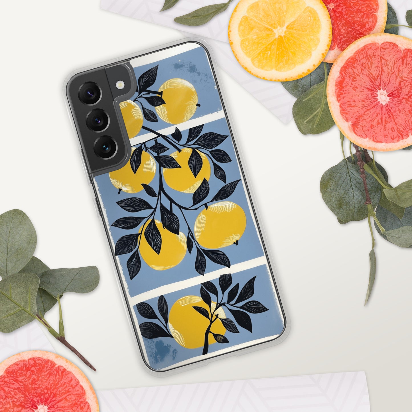 Samsung phone case with yellow apples design on a blue background by Sweet and Savage. 