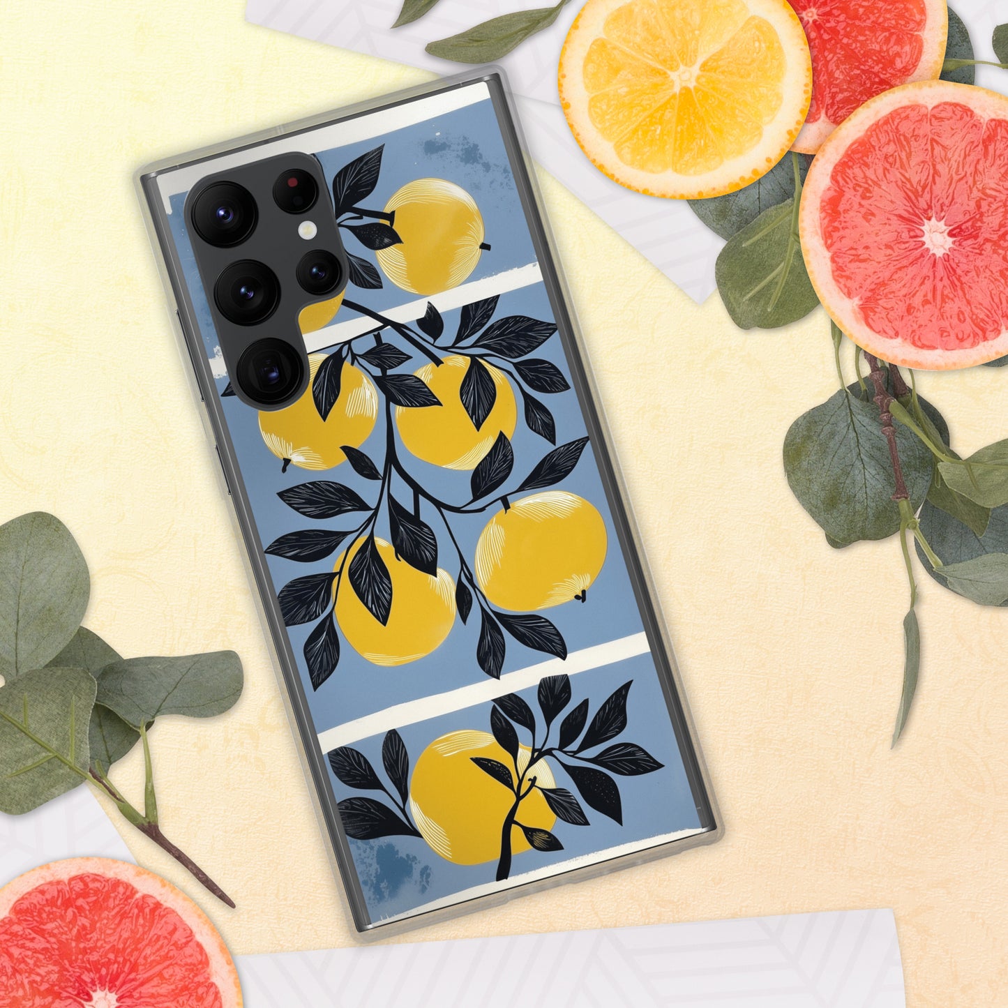 Samsung phone case with yellow apples design on a blue background by Sweet and Savage. 