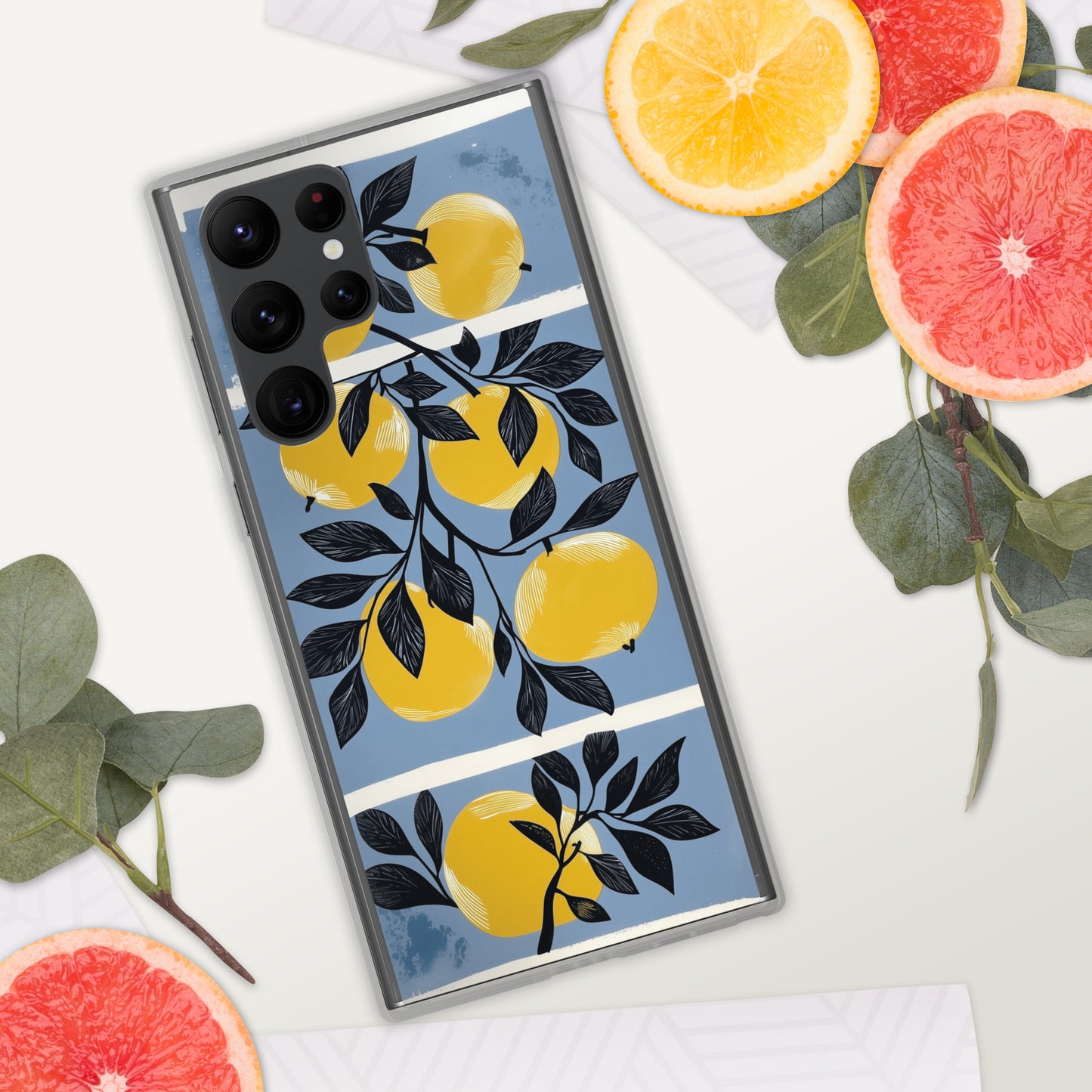 Samsung phone case with yellow apples design on a blue background by Sweet and Savage. 