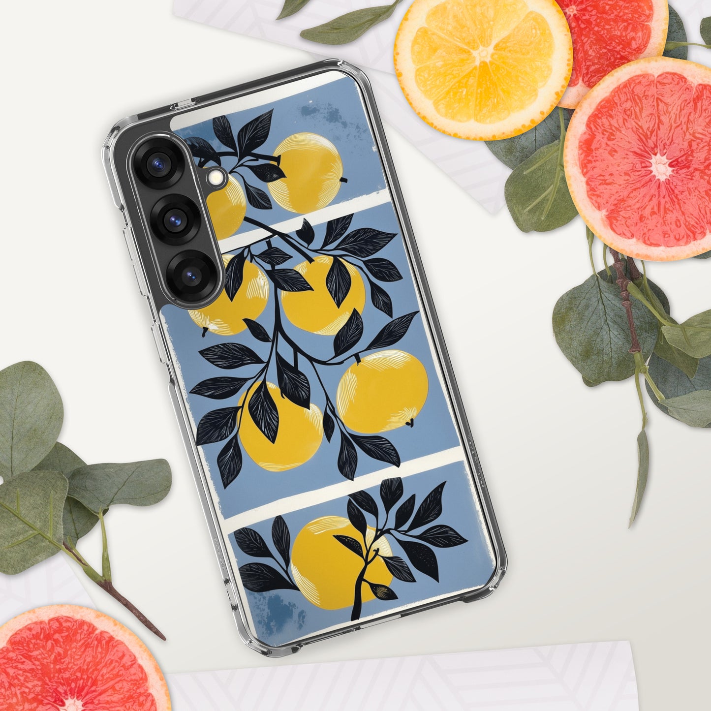 Samsung phone case with yellow apples design on a blue background by Sweet and Savage. 