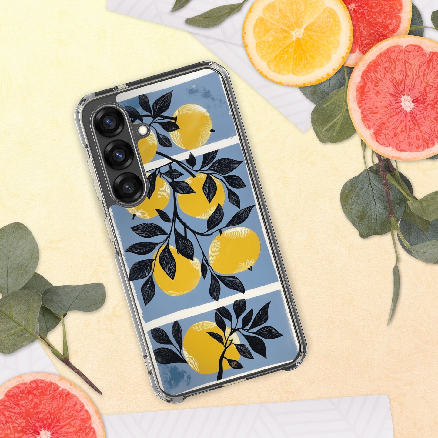 Samsung phone case with yellow apples design on a blue background by Sweet and Savage. 