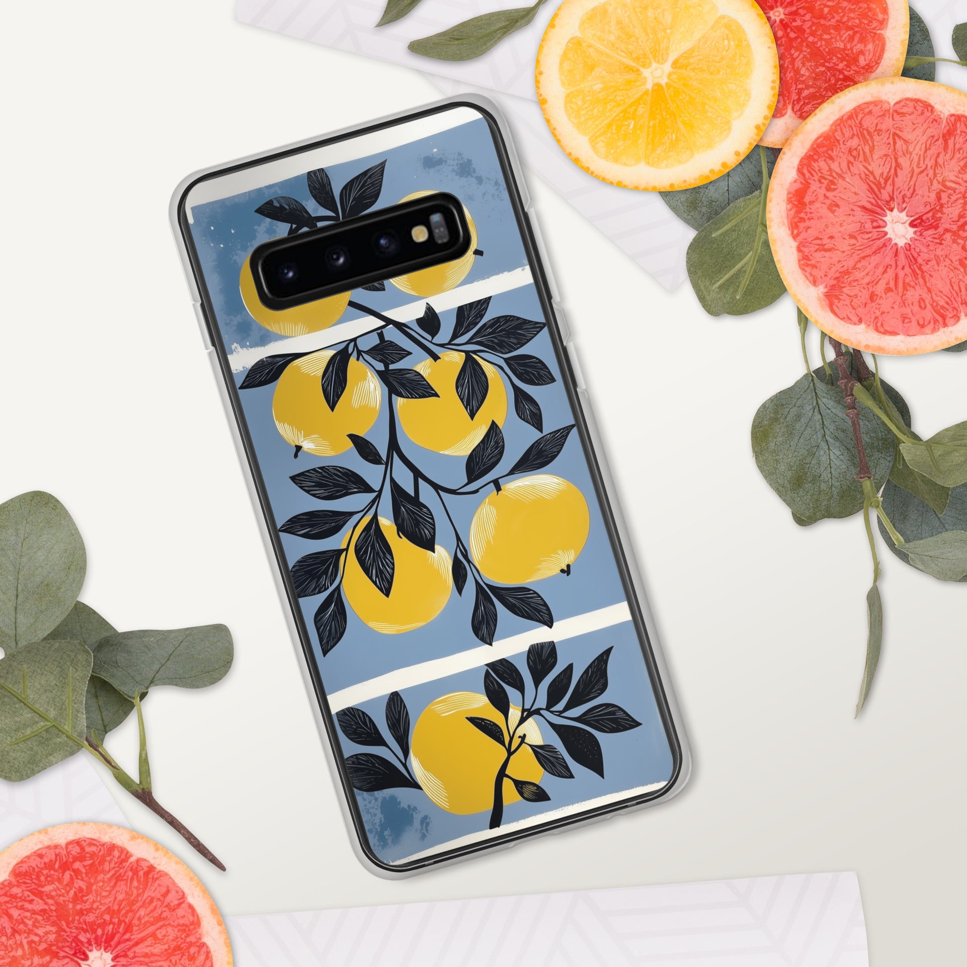 Samsung phone case with yellow apples design on a blue background by Sweet and Savage. 