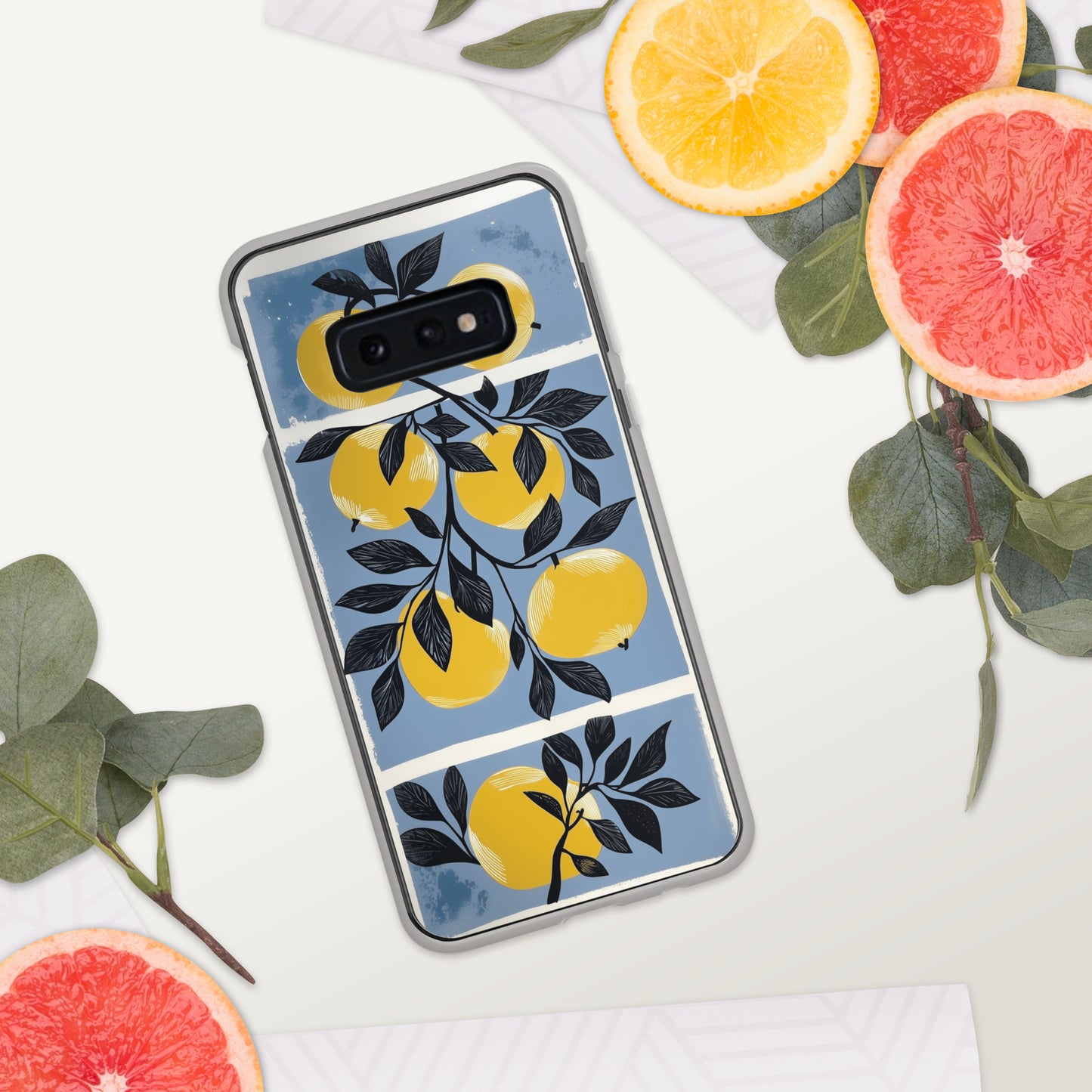 Samsung phone case with yellow apples design on a blue background by Sweet and Savage. 