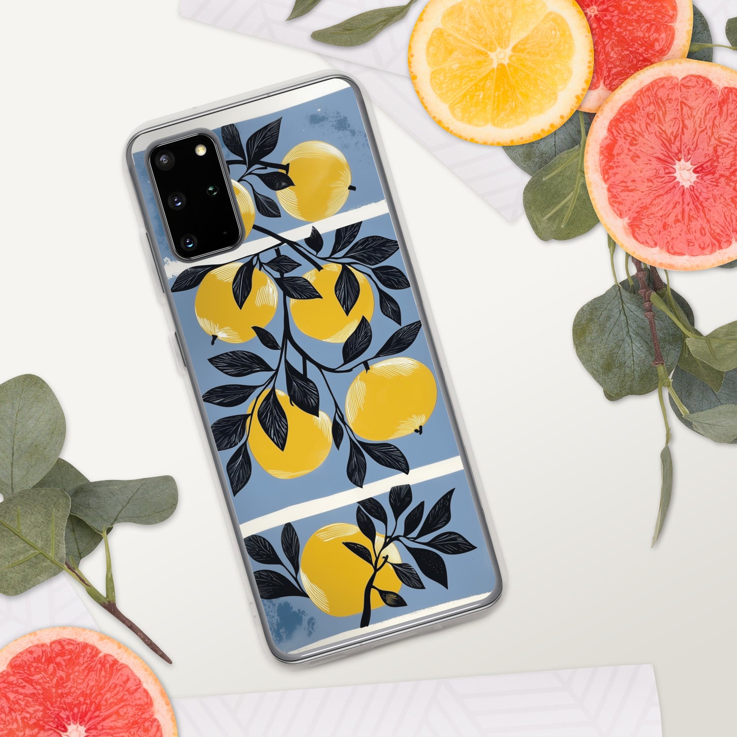 Samsung phone case with yellow apples design on a blue background by Sweet and Savage. 