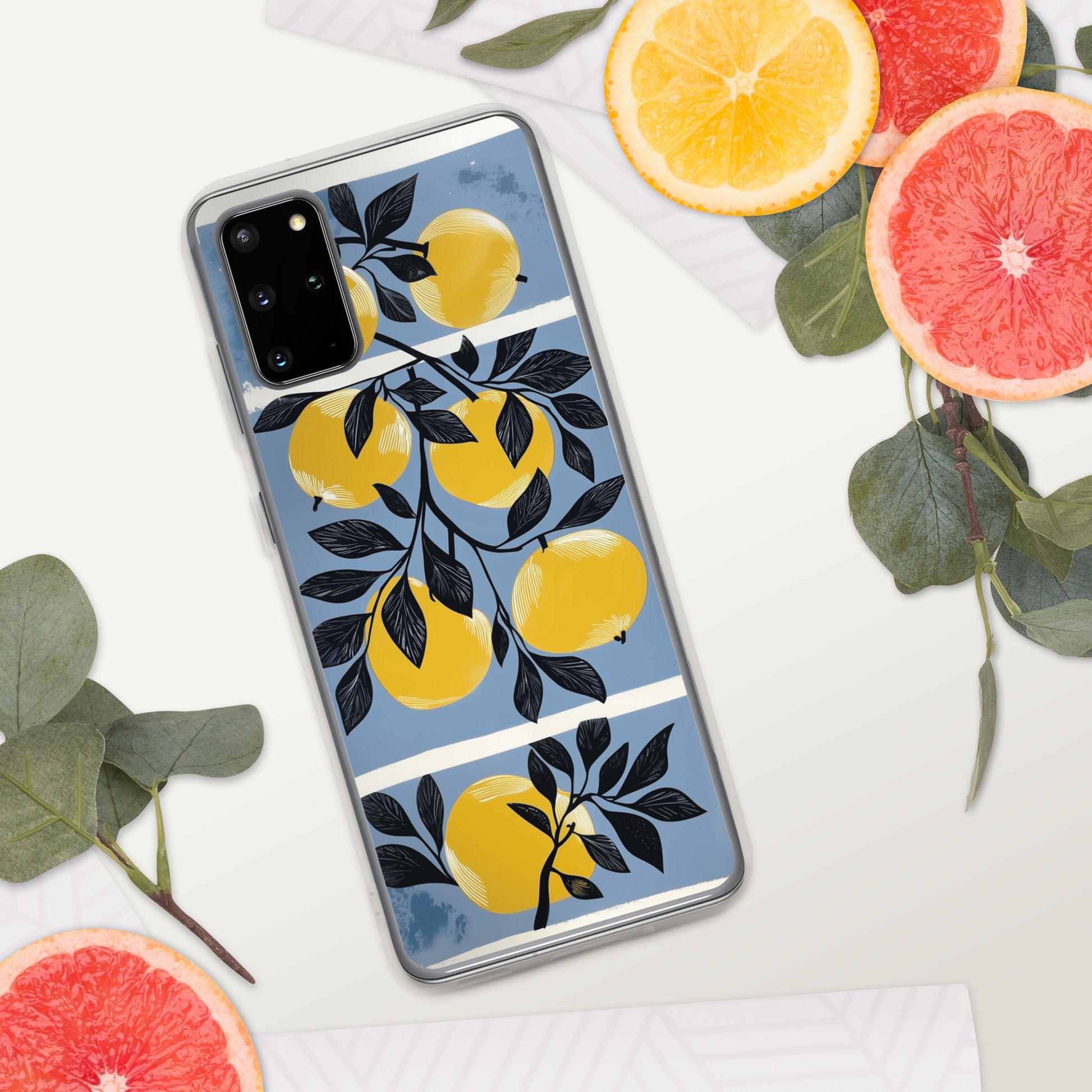 Samsung phone case with yellow apples design on a blue background by Sweet and Savage. 