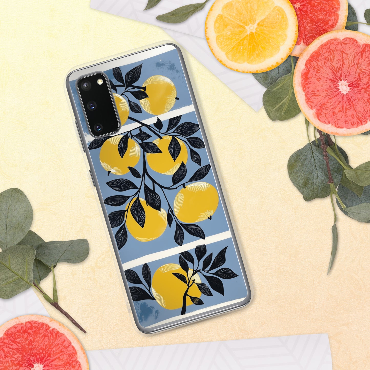 Samsung phone case with yellow apples design on a blue background by Sweet and Savage. 