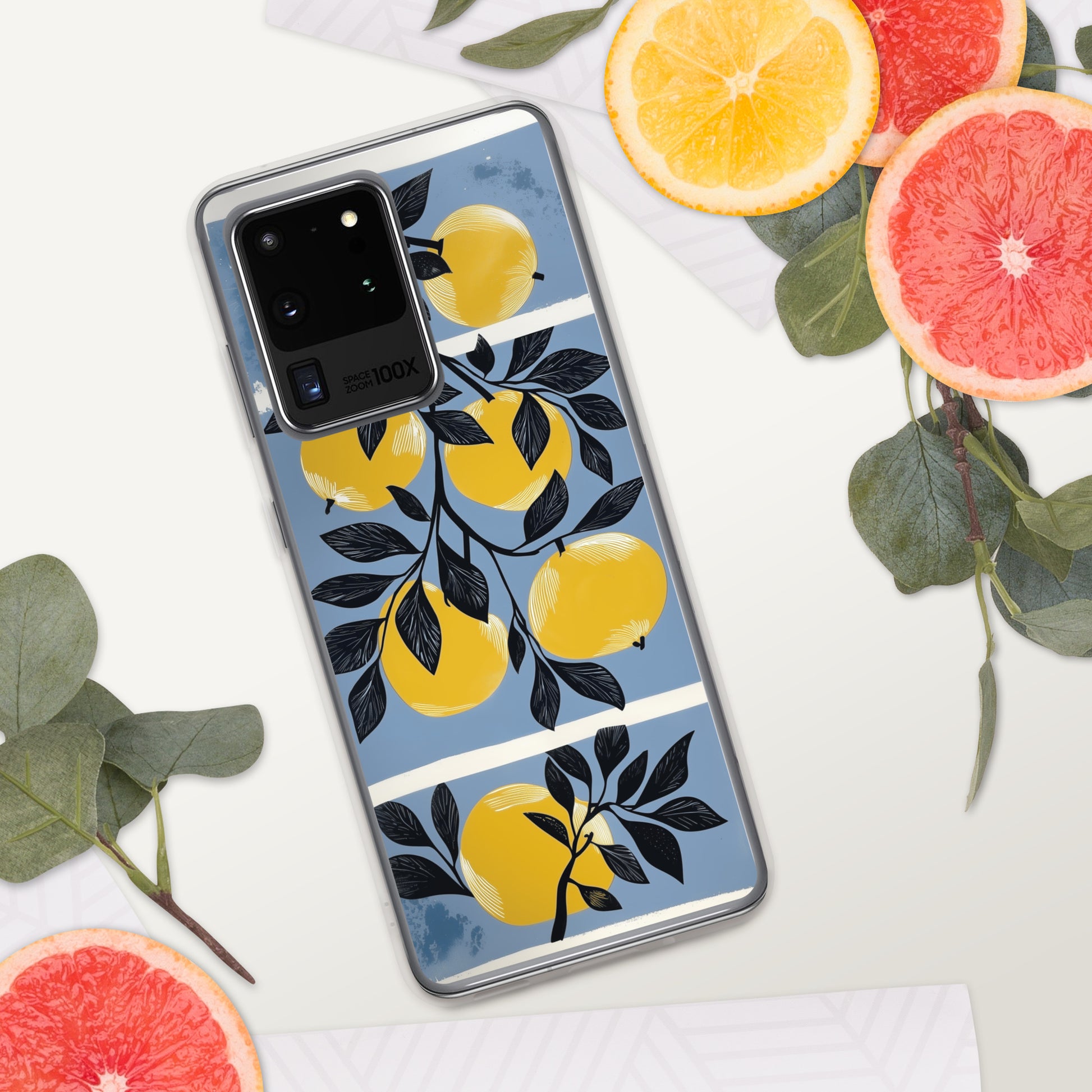 Samsung phone case with yellow apples design on a blue background by Sweet and Savage. 