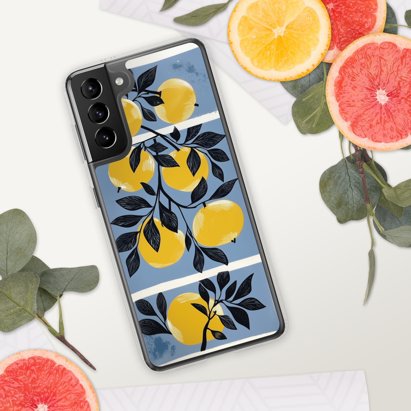 Samsung phone case with yellow apples design on a blue background by Sweet and Savage. 