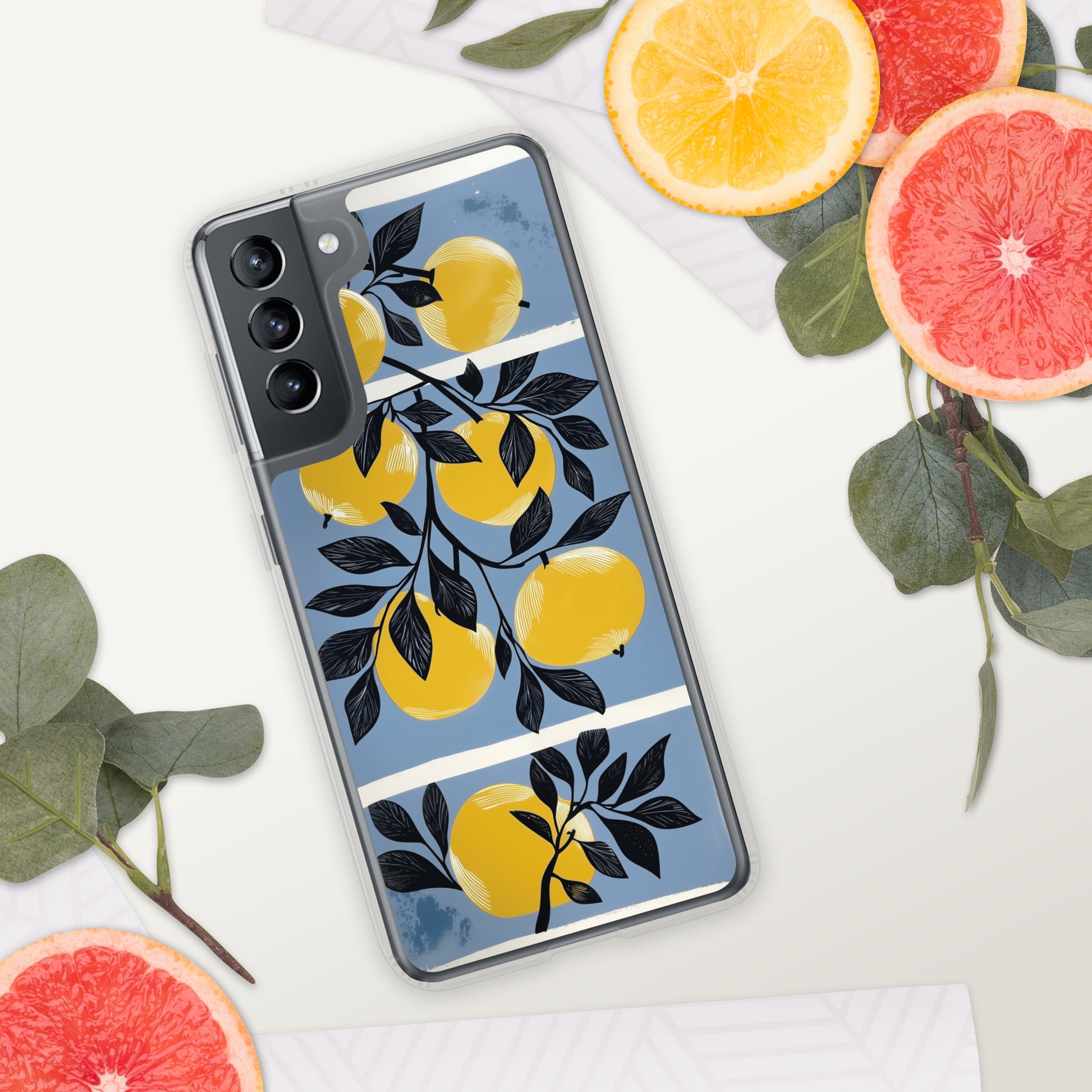 Samsung phone case with yellow apples design on a blue background by Sweet and Savage. 