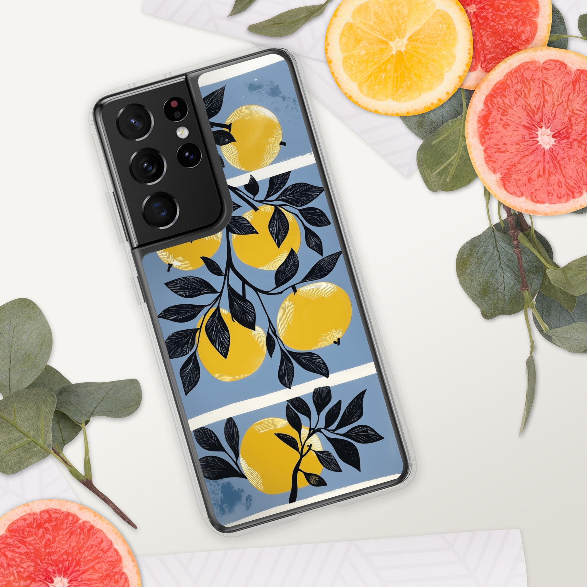 Samsung phone case with yellow apples design on a blue background by Sweet and Savage. 