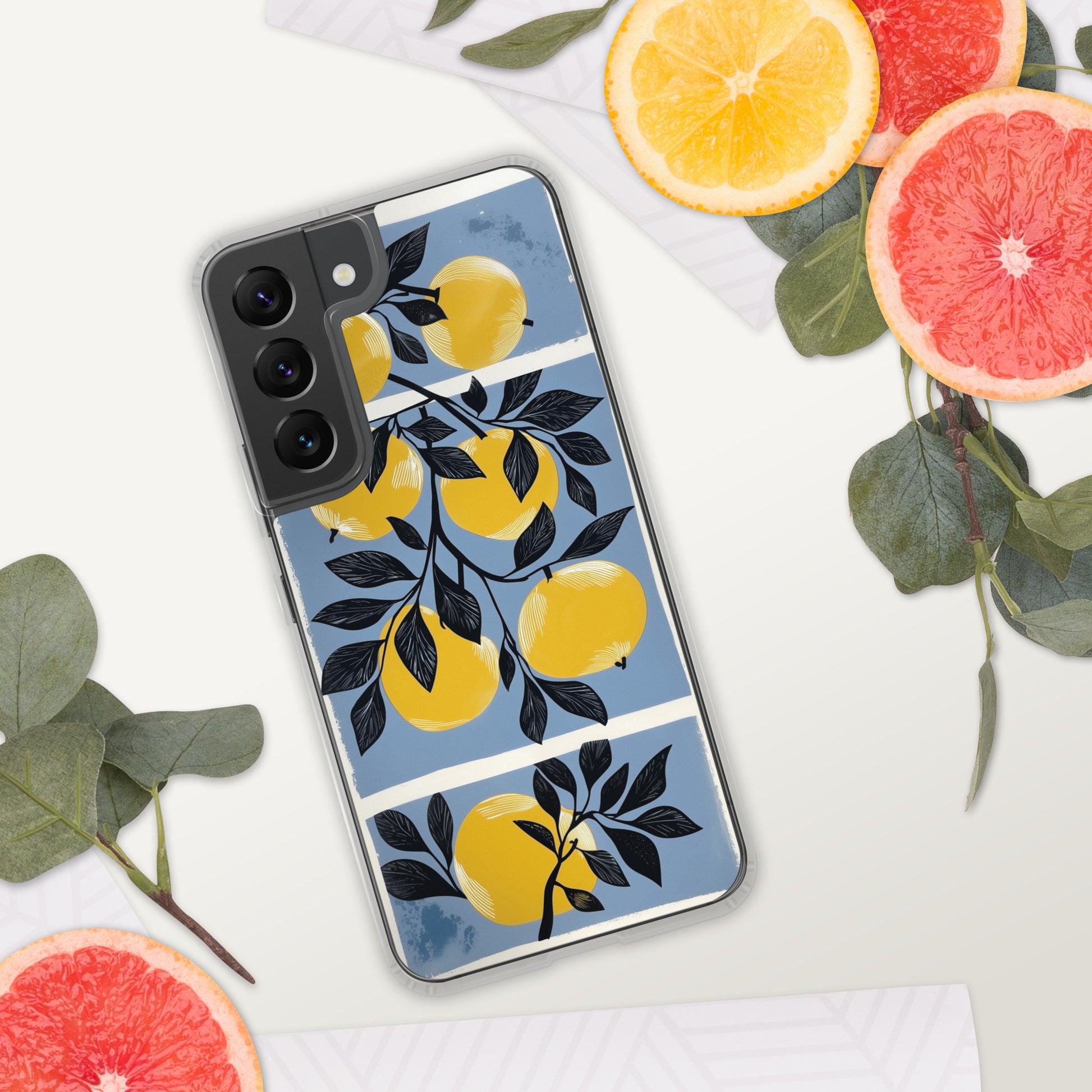 Samsung phone case with yellow apples design on a blue background by Sweet and Savage. 