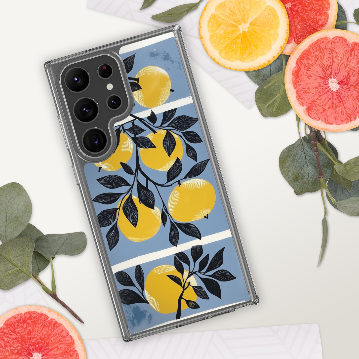Samsung phone case with yellow apples design on a blue background by Sweet and Savage. 