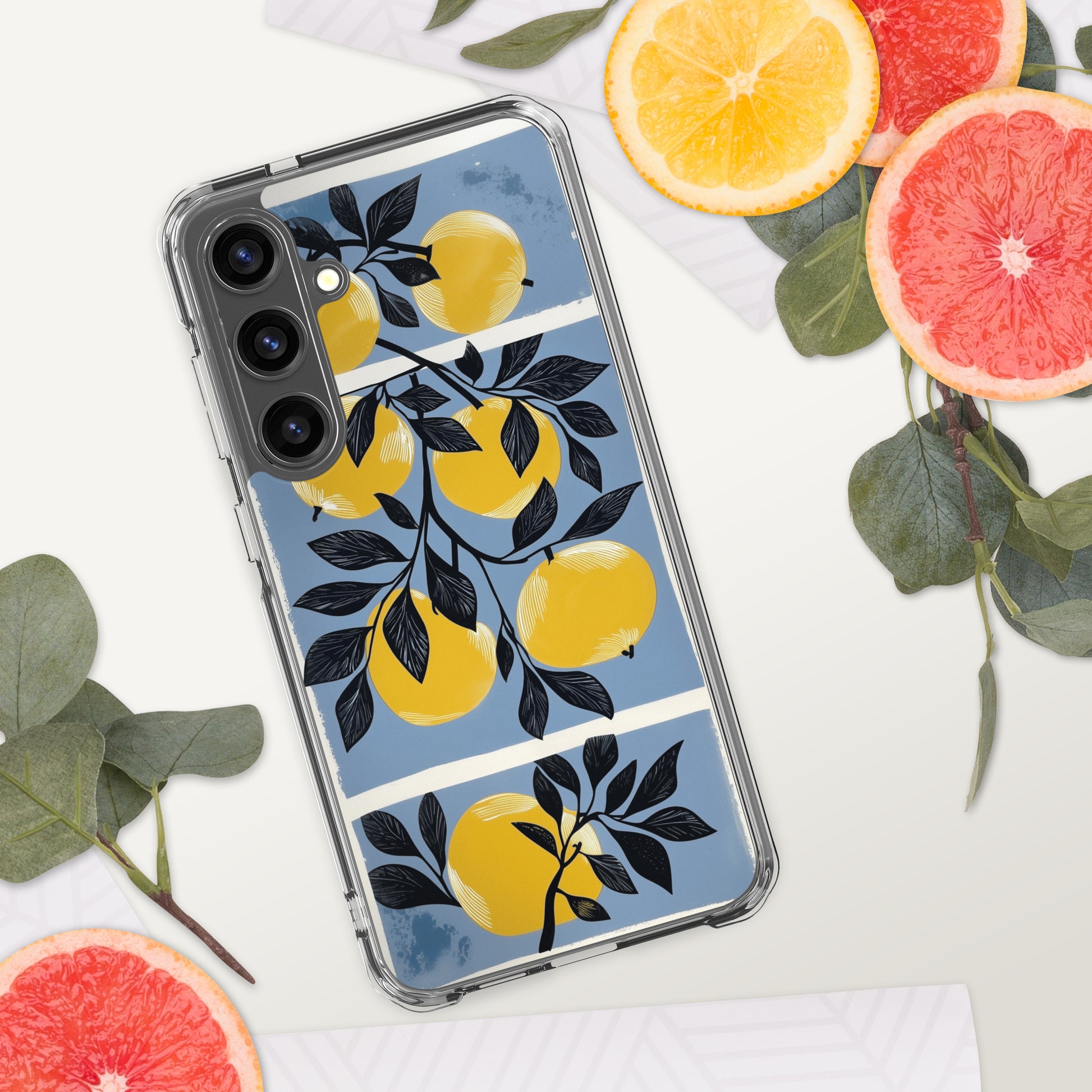 Samsung phone case with yellow apples design on a blue background by Sweet and Savage. 
