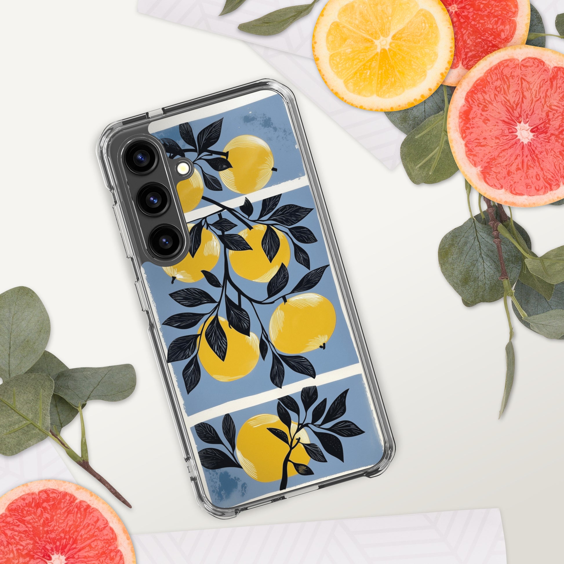 Clear Samsung® phone case featuring a vibrant pattern of yellow apples and dark green leaves.