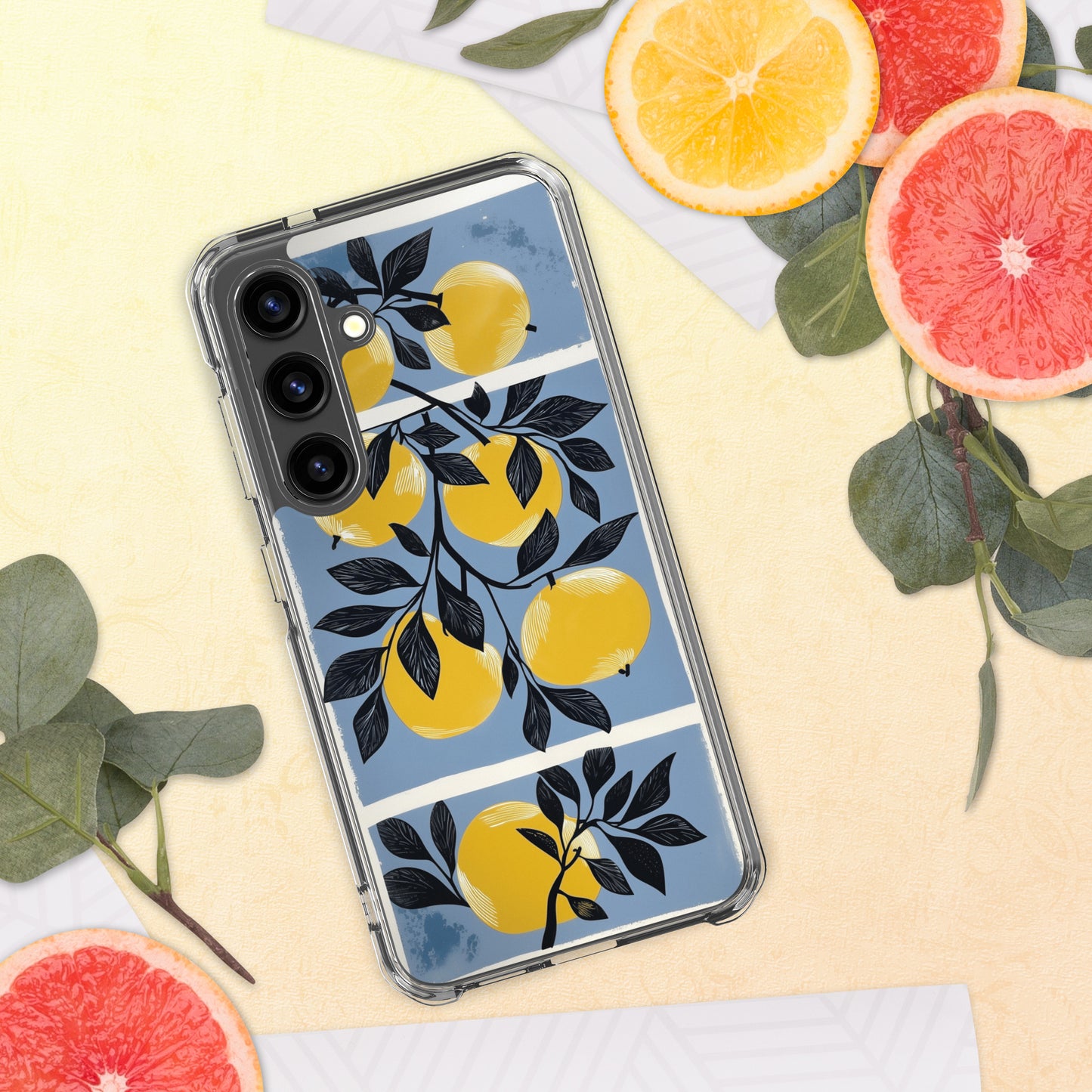 Clear Samsung® phone case featuring a vibrant pattern of yellow lemons and dark green leaves.