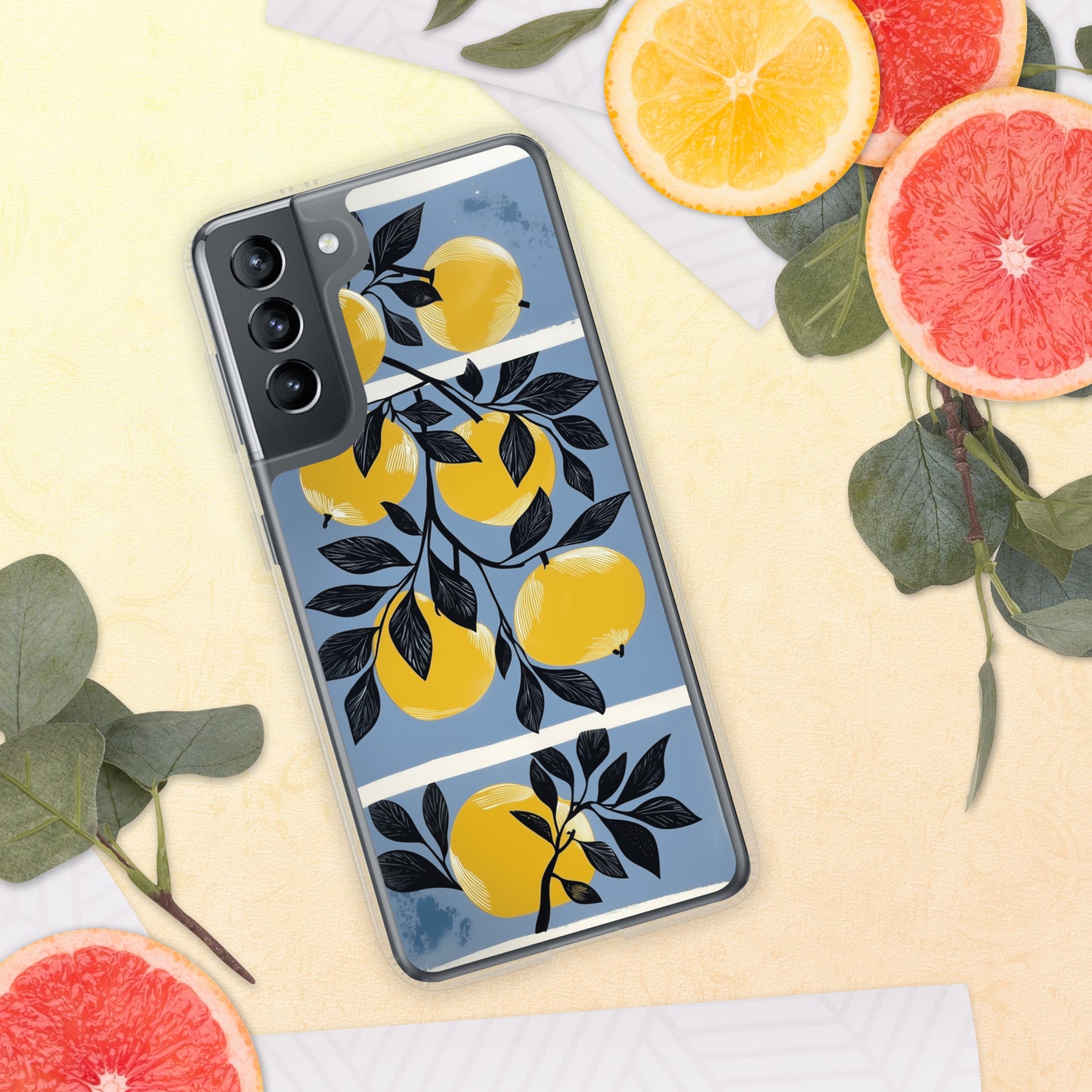 Samsung phone case with yellow apples design on a blue background by Sweet and Savage. 