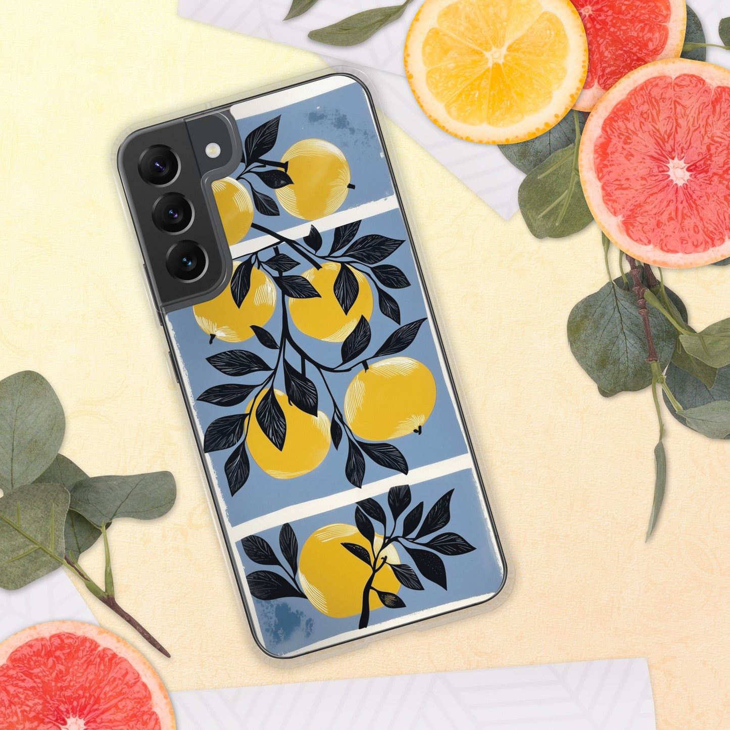 Samsung phone case with yellow apples design on a blue background by Sweet and Savage. 