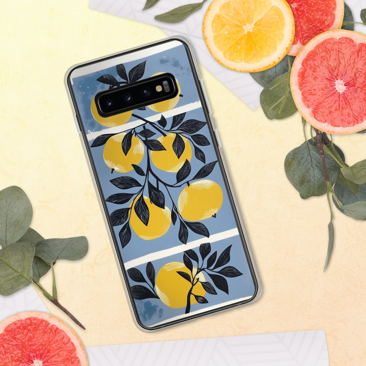 Samsung phone case with yellow apples design on a blue background by Sweet and Savage. 