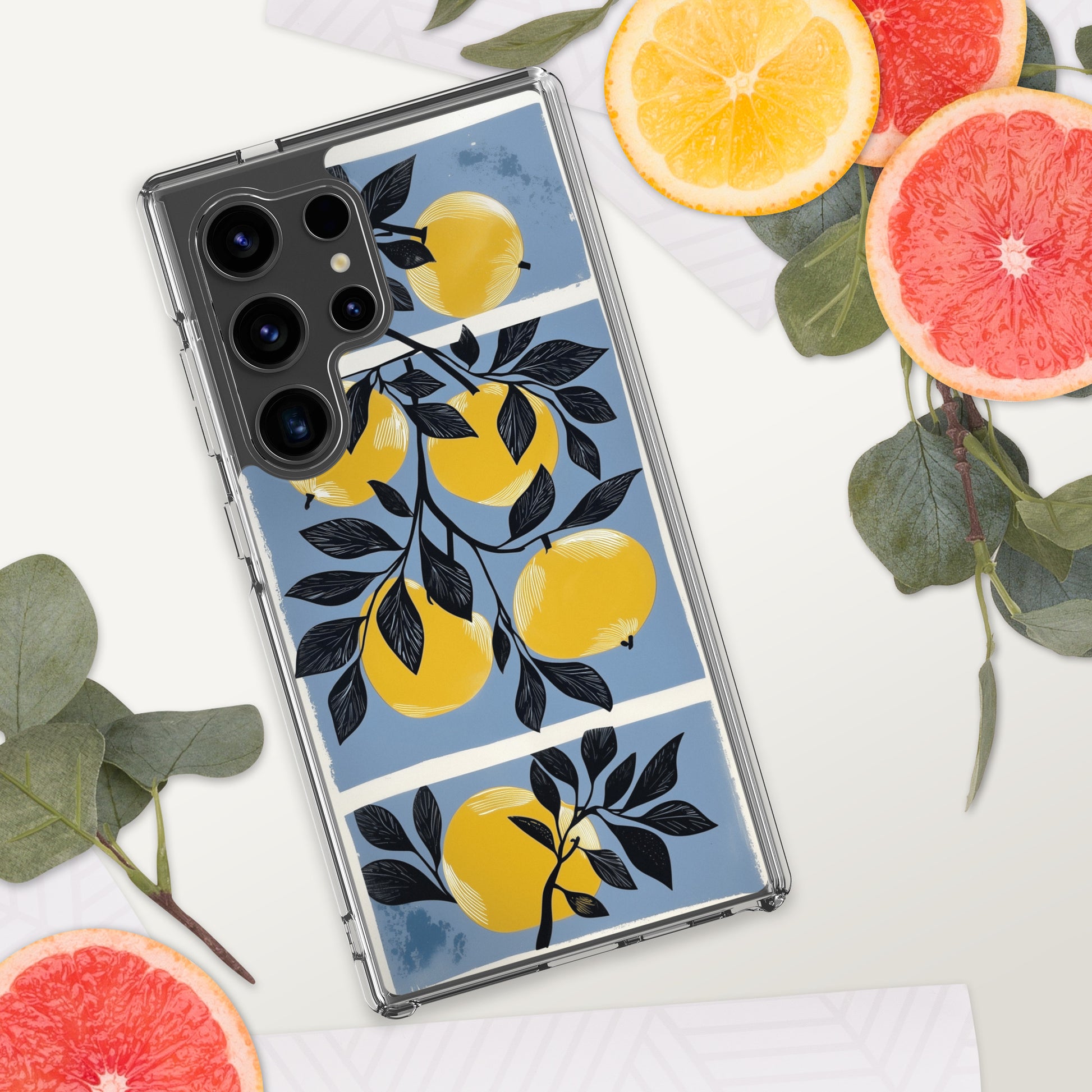 Samsung phone case with yellow apples design on a blue background by Sweet and Savage. 