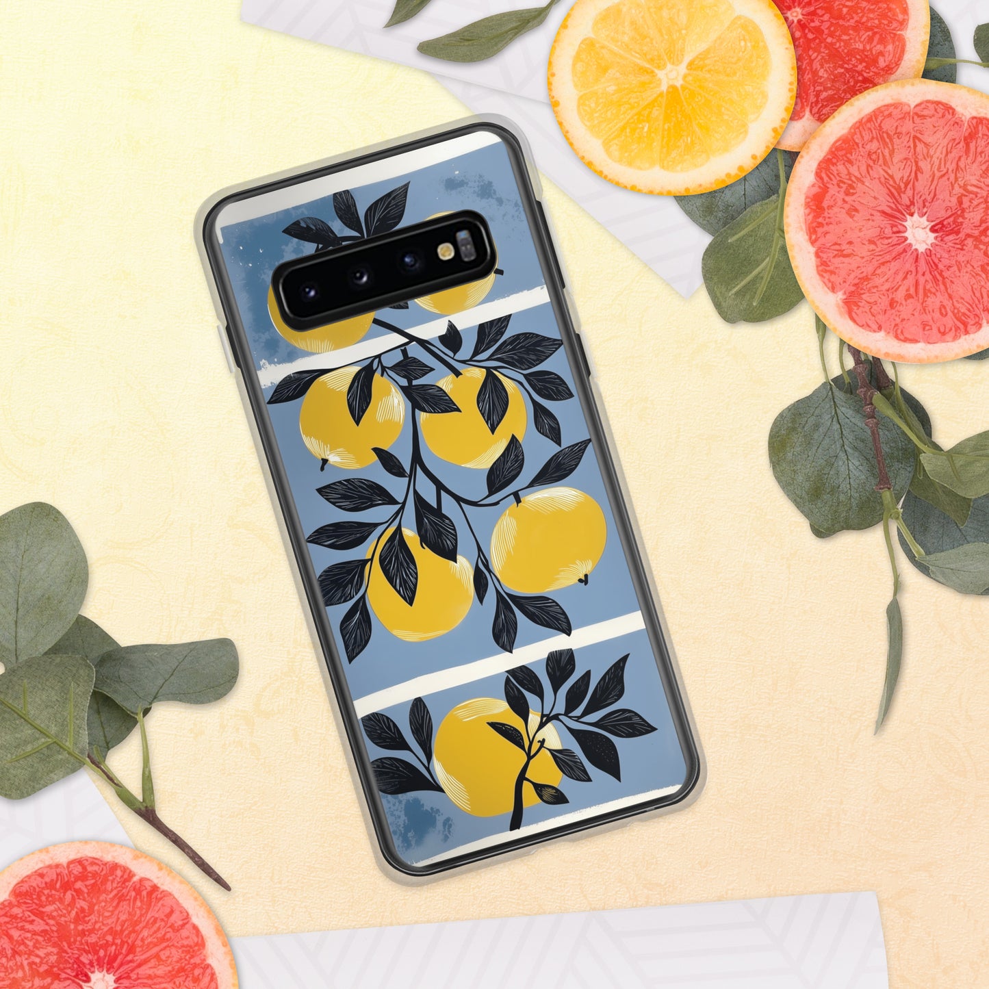 Samsung phone case with yellow apples design on a blue background by Sweet and Savage. 