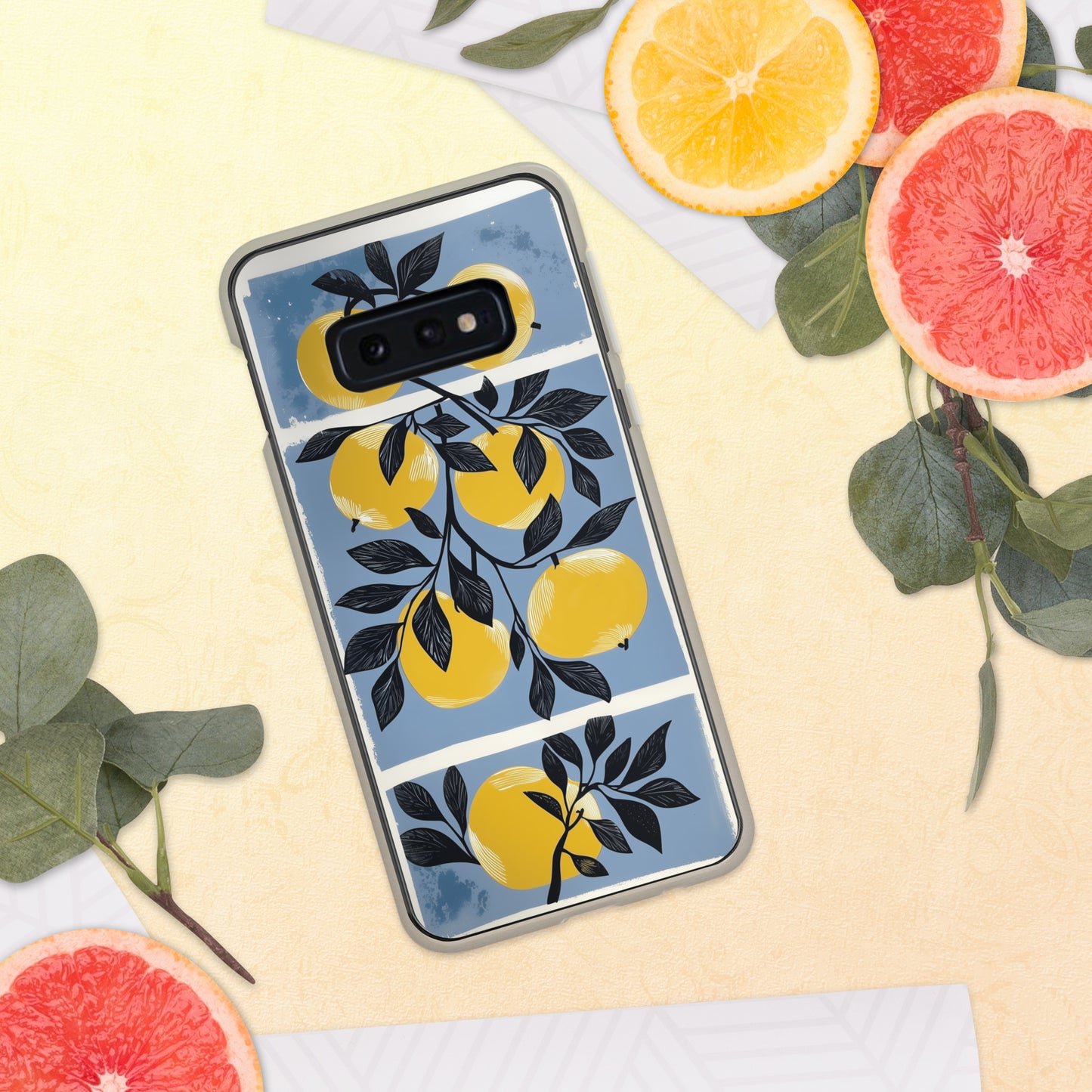 Samsung phone case with yellow apples design on a blue background by Sweet and Savage. 