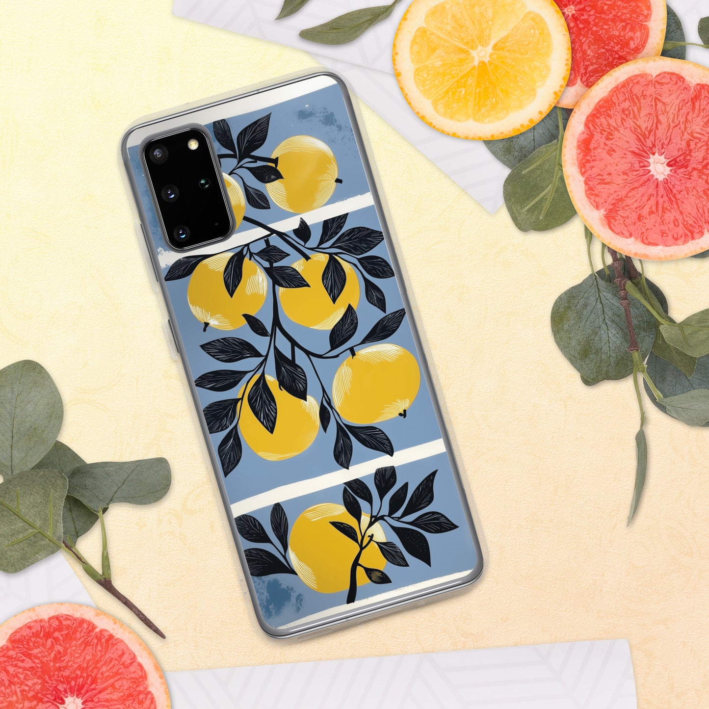Samsung phone case with yellow apples design on a blue background by Sweet and Savage. 