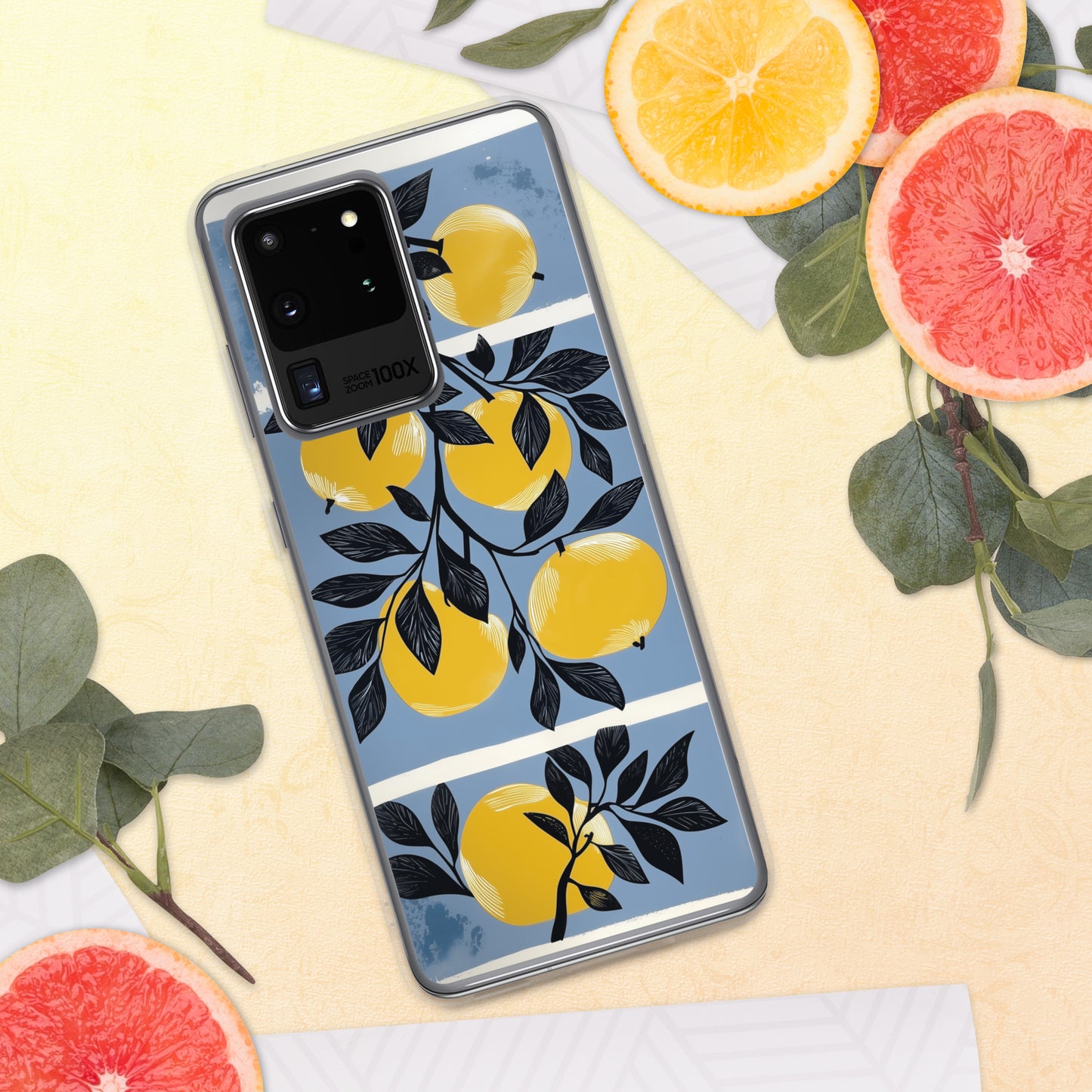Samsung phone case with yellow apples design on a blue background by Sweet and Savage. 