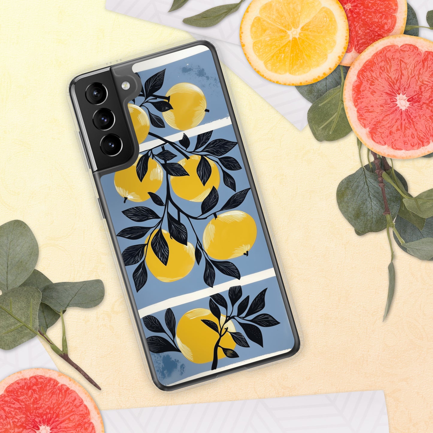 Samsung phone case with yellow apples design on a blue background by Sweet and Savage. 