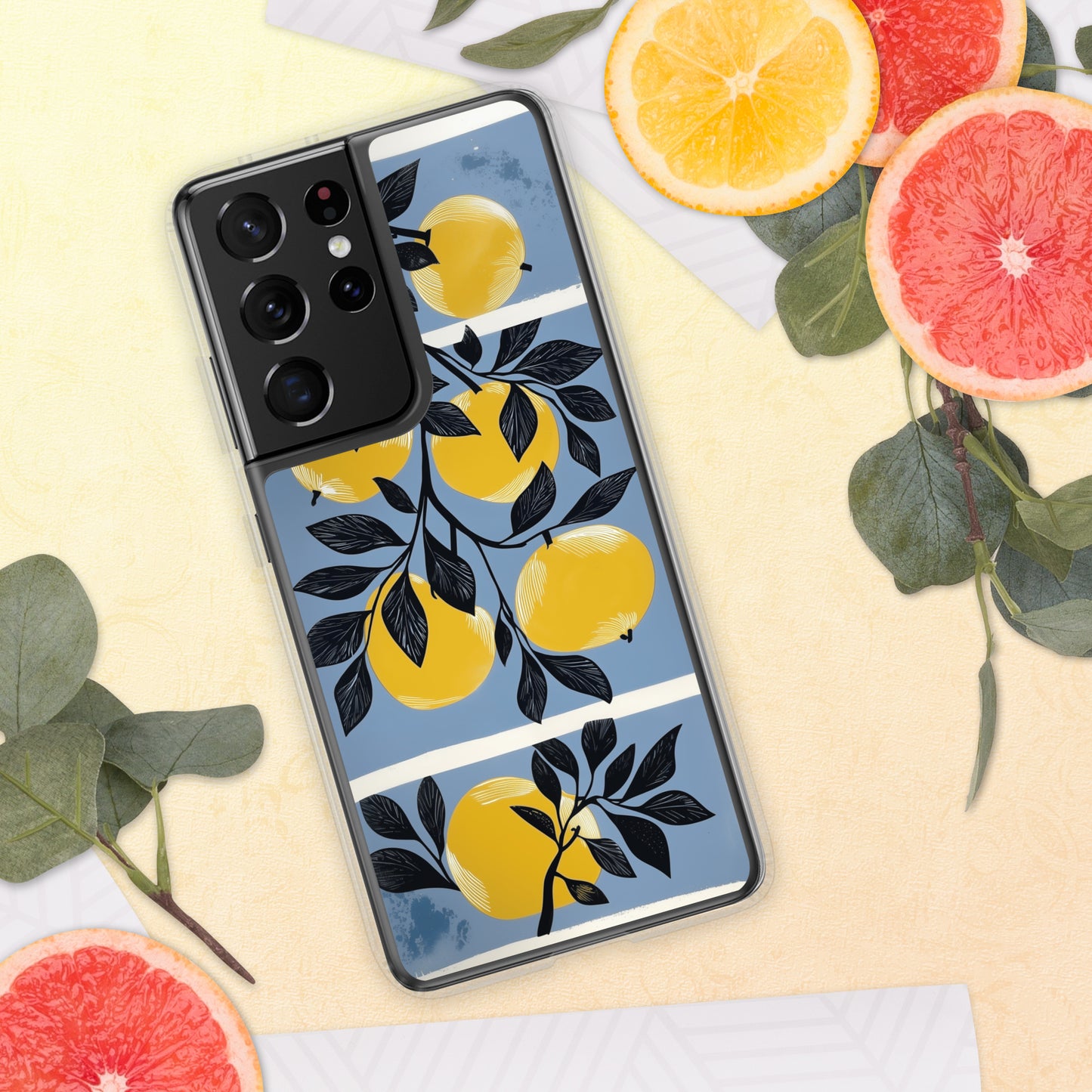 Product Samsung phone case with yellow apples design on a blue background by Sweet and Savage. 