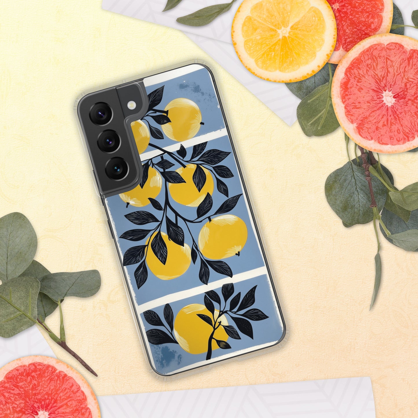 Samsung phone case with yellow apples design on a blue background by Sweet and Savage. 