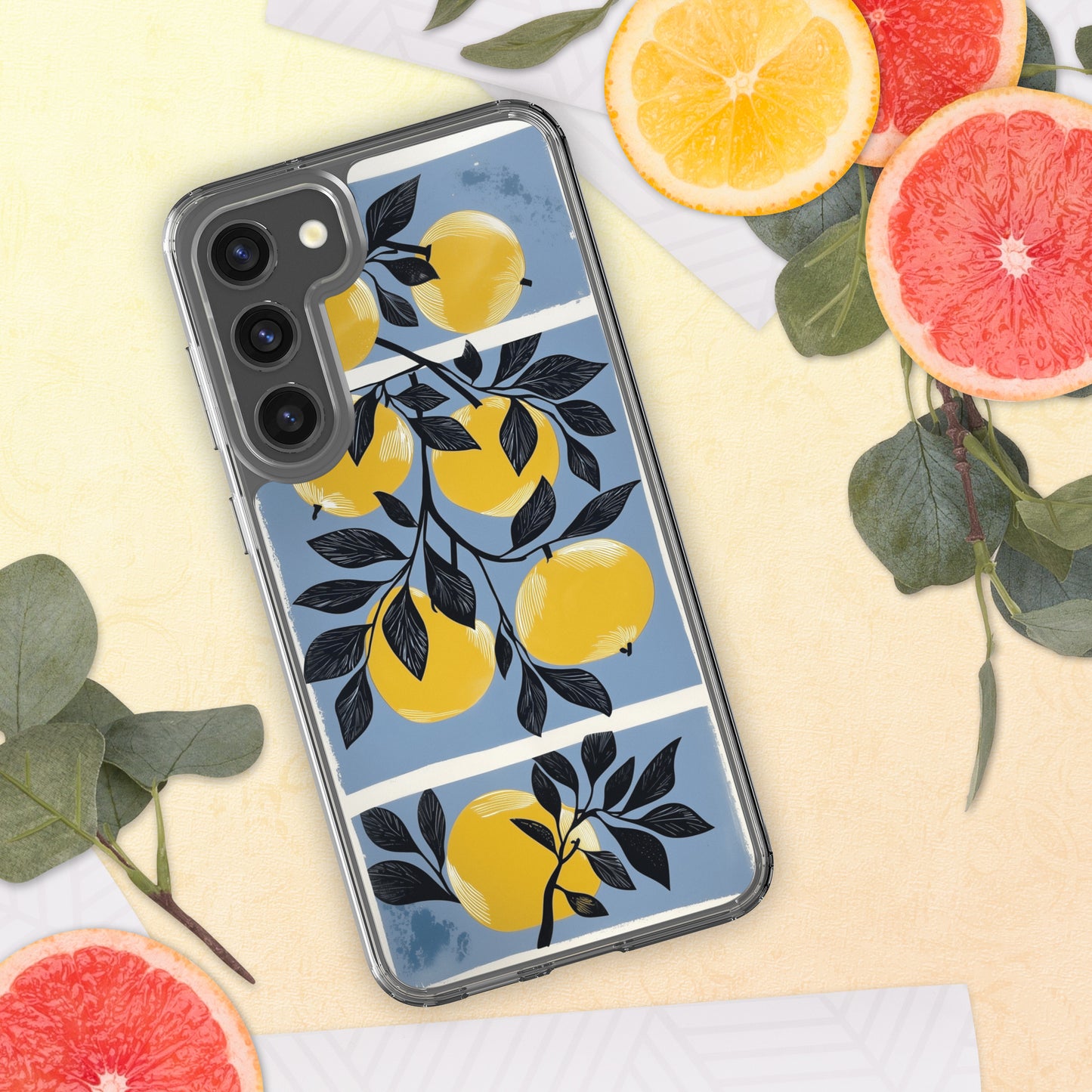 Samsung phone case with yellow apples design on a blue background by Sweet and Savage. 