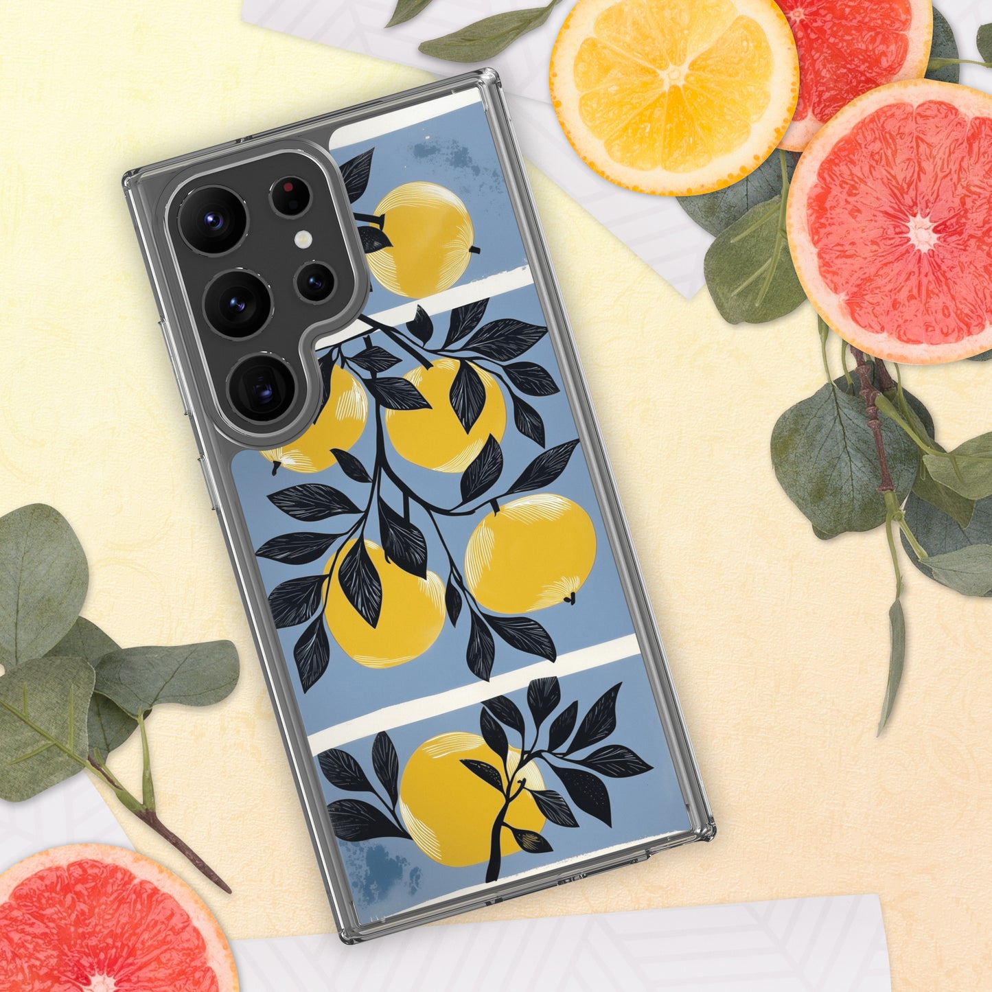 Samsung phone case with yellow apples design on a blue background by Sweet and Savage. 