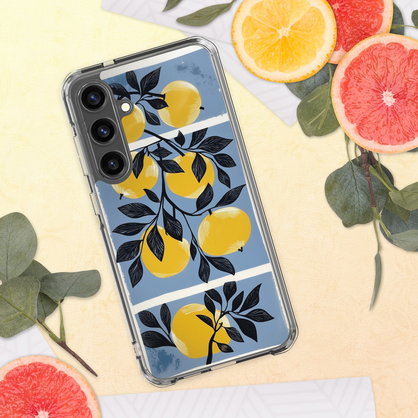 Samsung phone case with yellow apples design on a blue background by Sweet and Savage. 