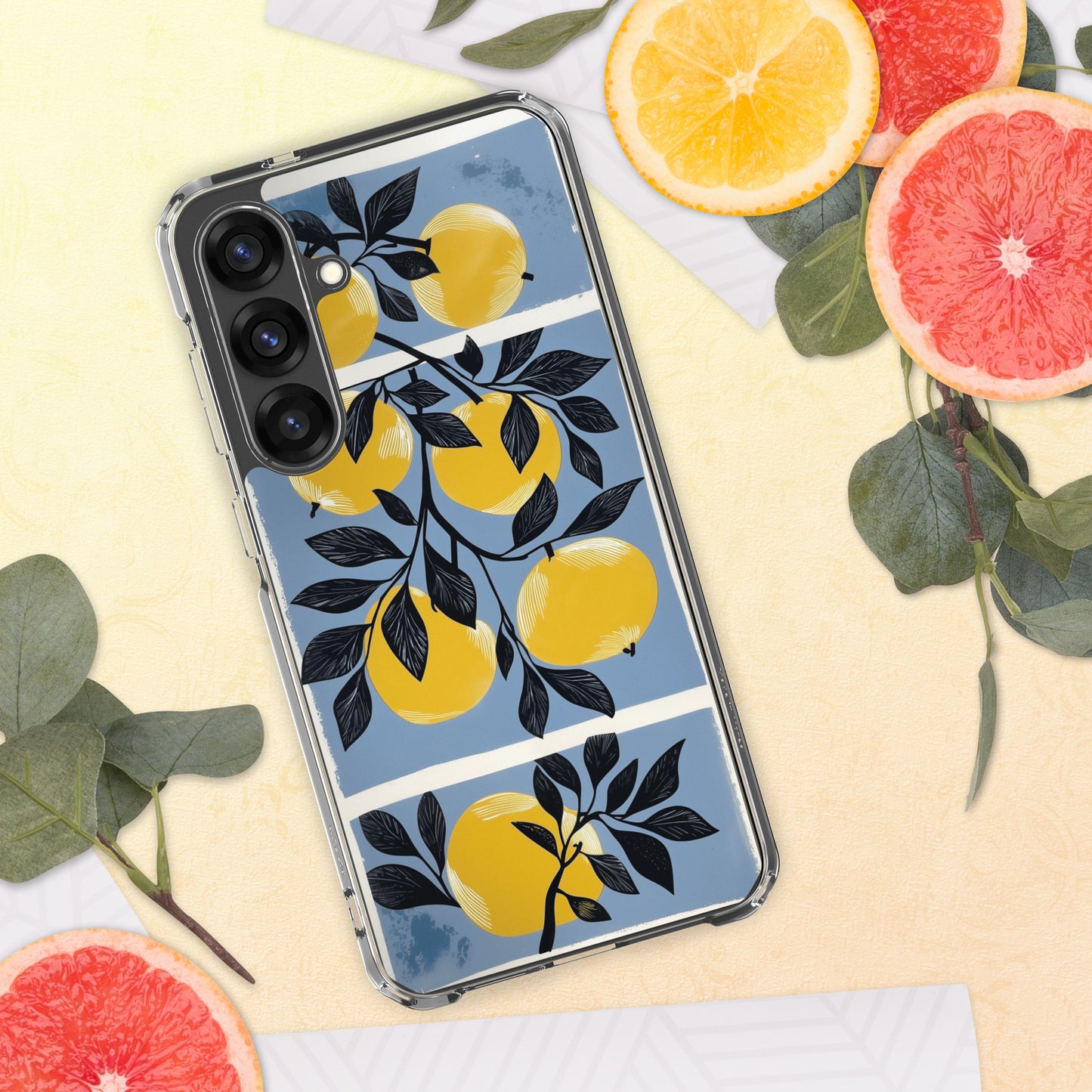 Samsung phone case with yellow apples design on a blue background by Sweet and Savage. 