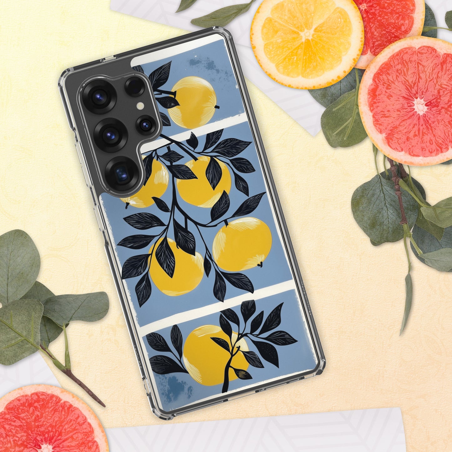 Samsung phone case with yellow apples design on a blue background by Sweet and Savage. 