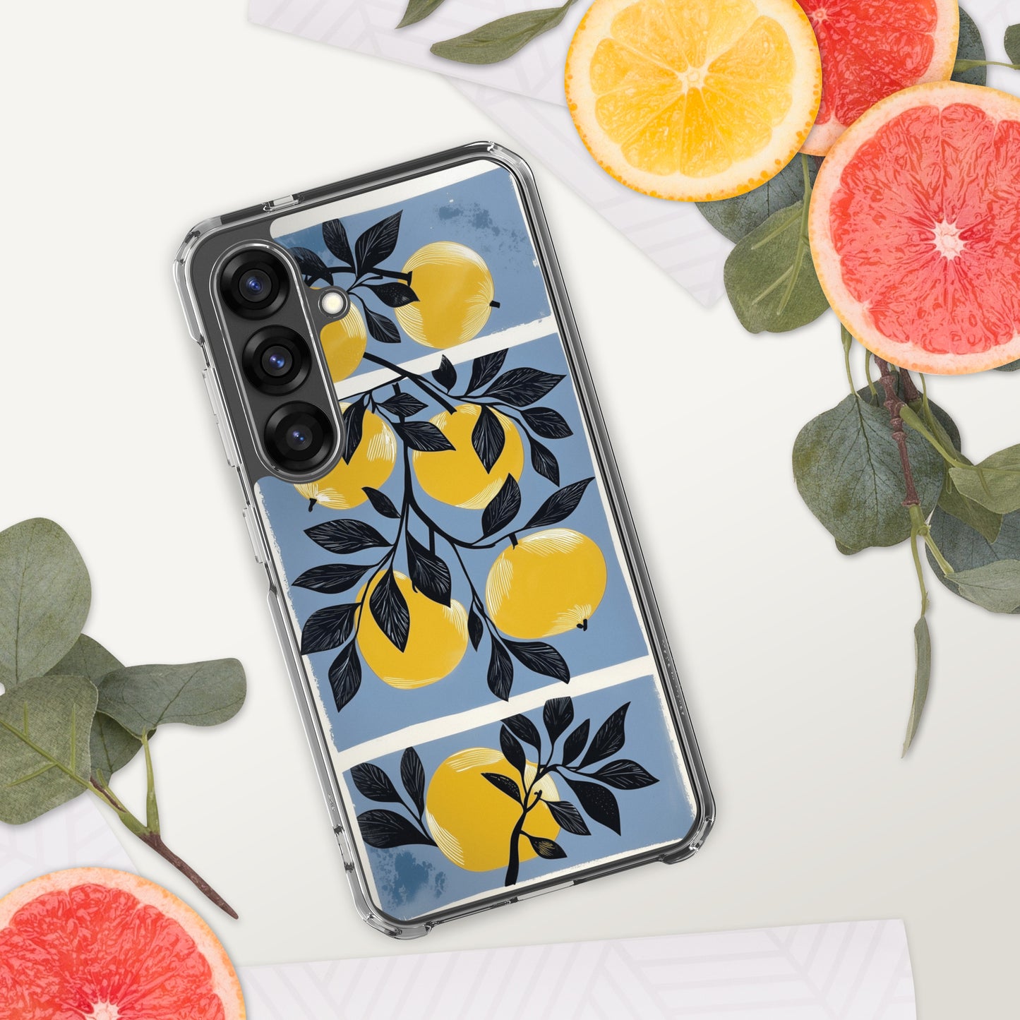 Samsung phone case with yellow apples design on a blue background by Sweet and Savage. 