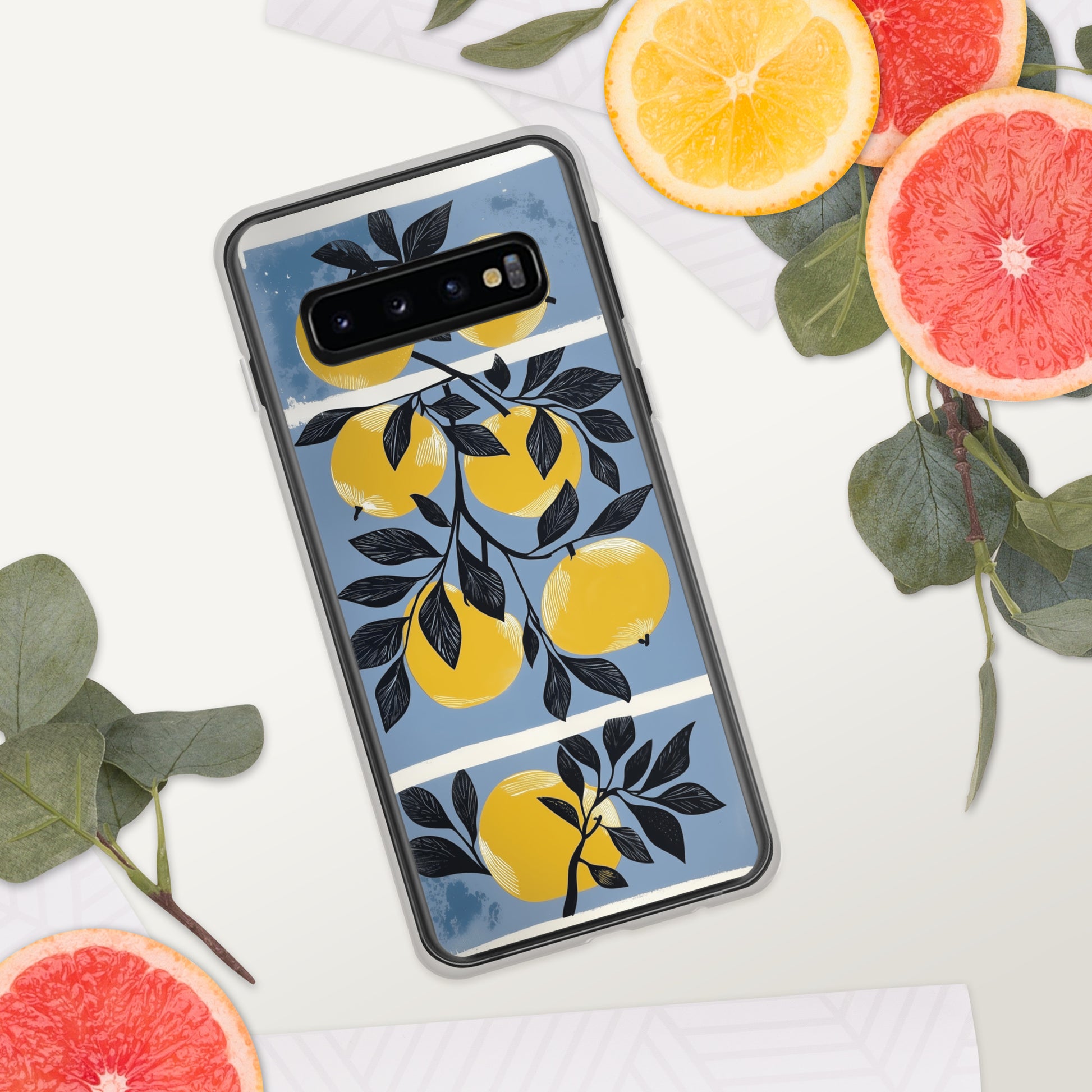 Samsung phone case with yellow apples design on a blue background by Sweet and Savage. 