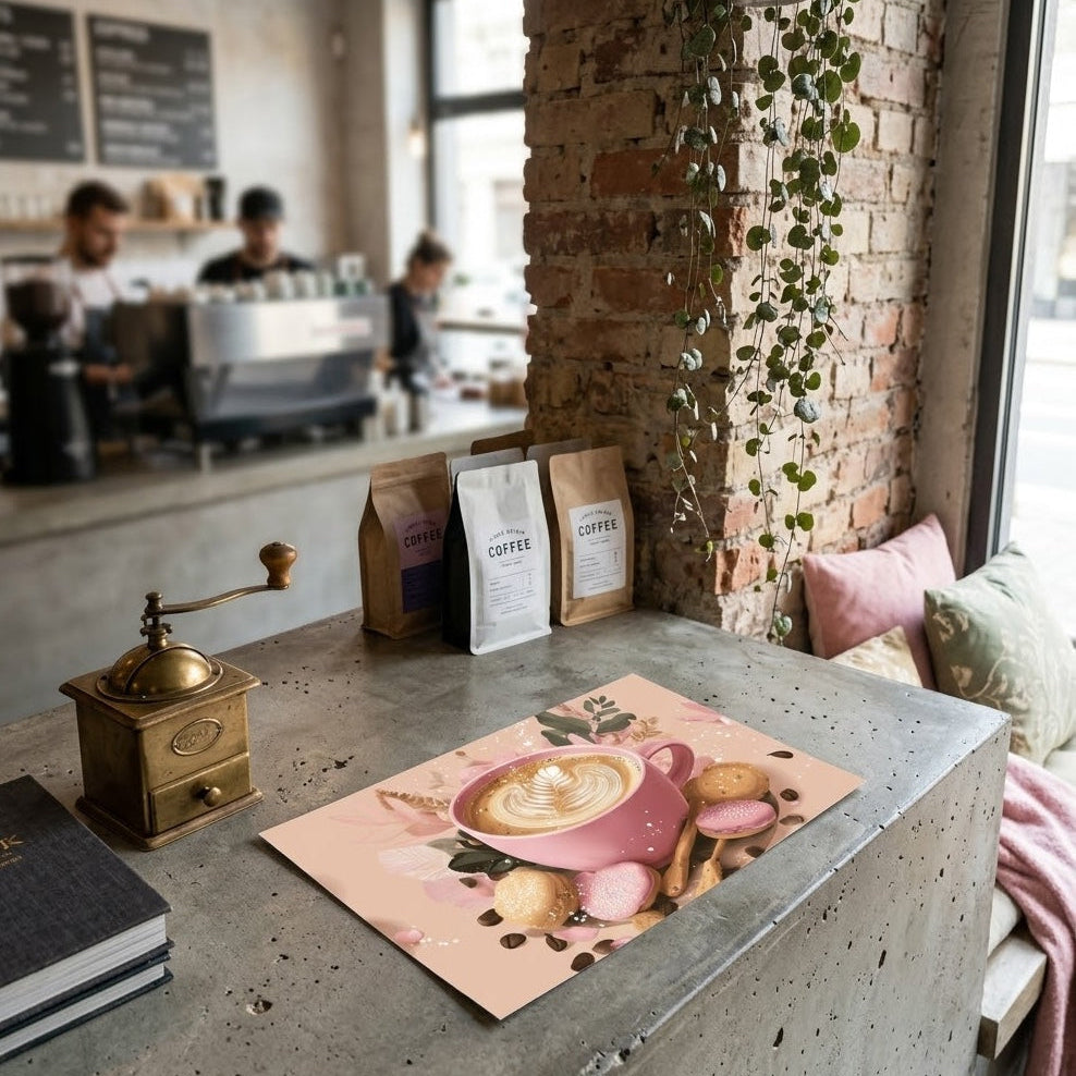An unframed art print of a pink latte with macarons resting on a modern concrete counter in a trendy coffee shop, featuring exposed brick, a vintage coffee grinder, and a cozy seating nook in the background.